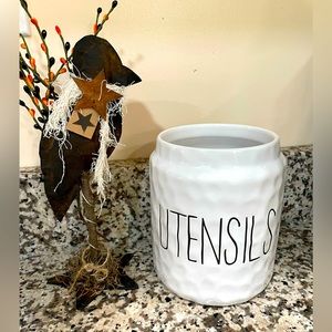 White Utensil ContainerJar Black Letters Font Ceramic NEW